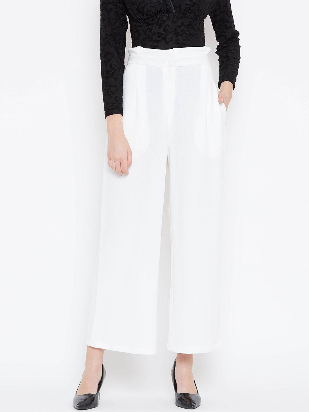 zastraa women white flared solid parallel trousers