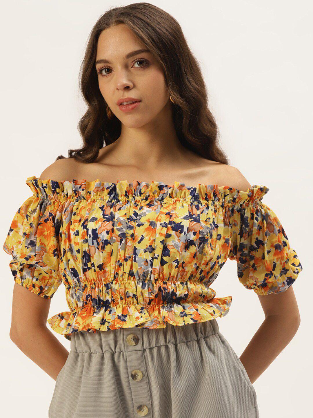 zastraa floral print off-shoulder crepe bardot crop top