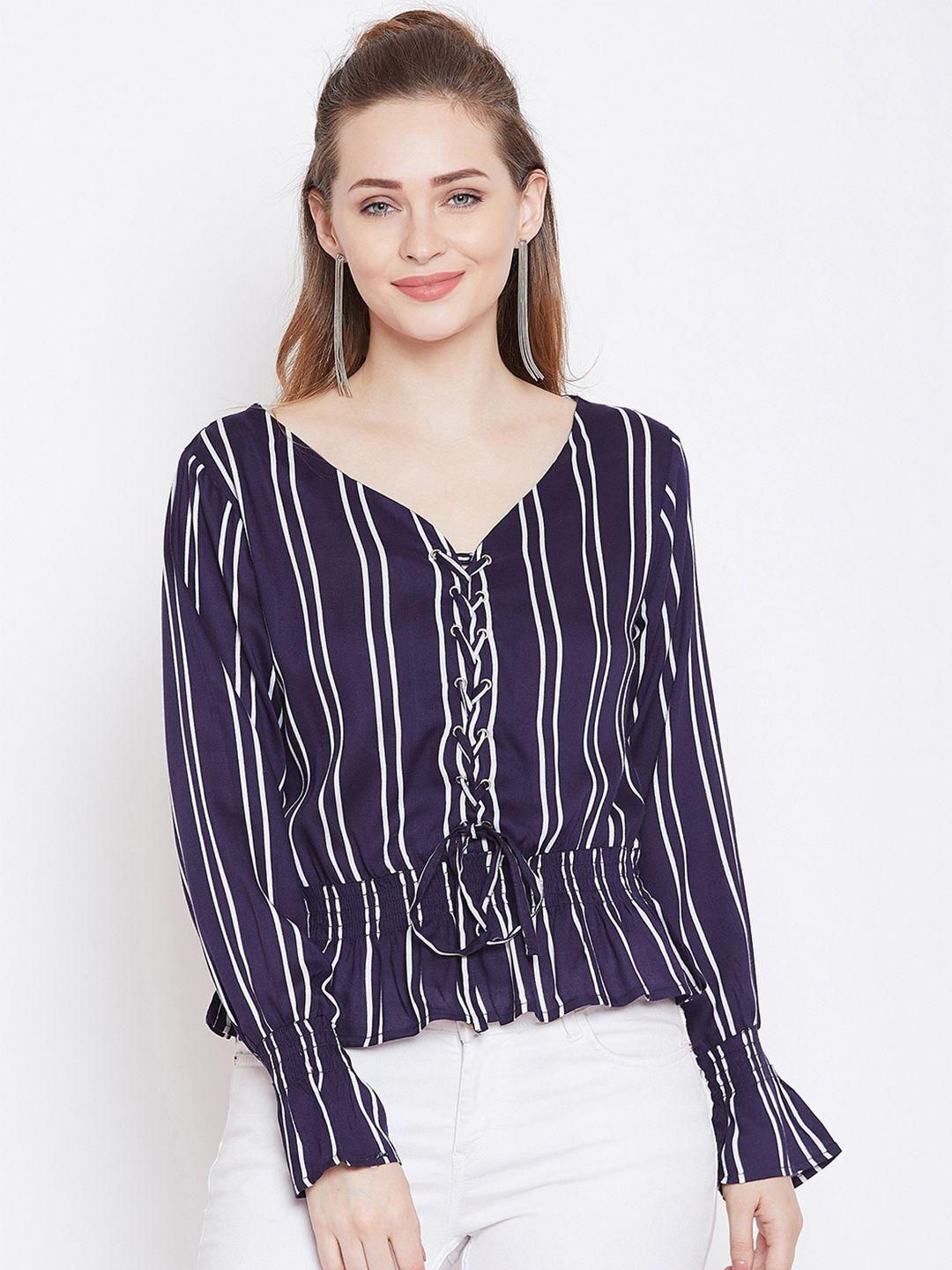 zastraa striped v-neck tie-up bell sleeves cinched waist top