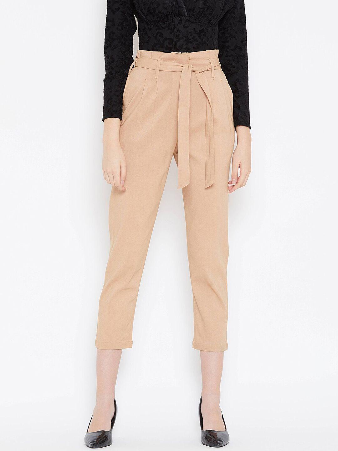 zastraa women beige slim fit solid peg trousers