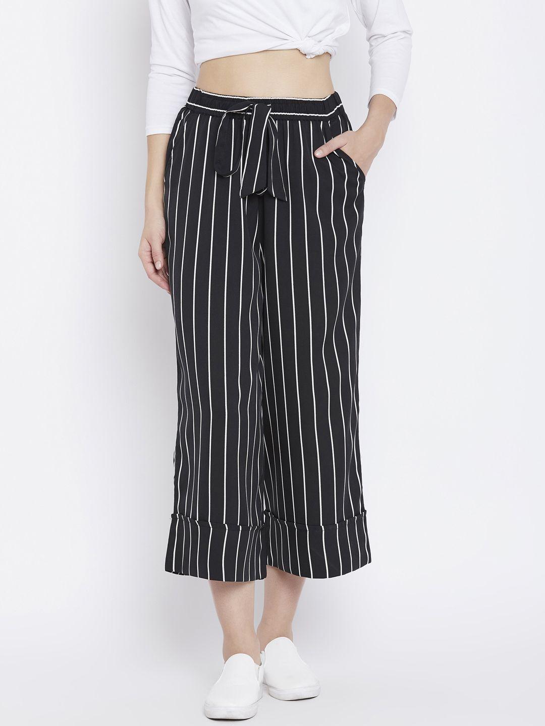 zastraa women black & white regular fit striped culottes