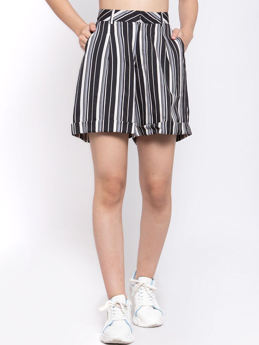 zastraa women black & white striped slim fit regular shorts