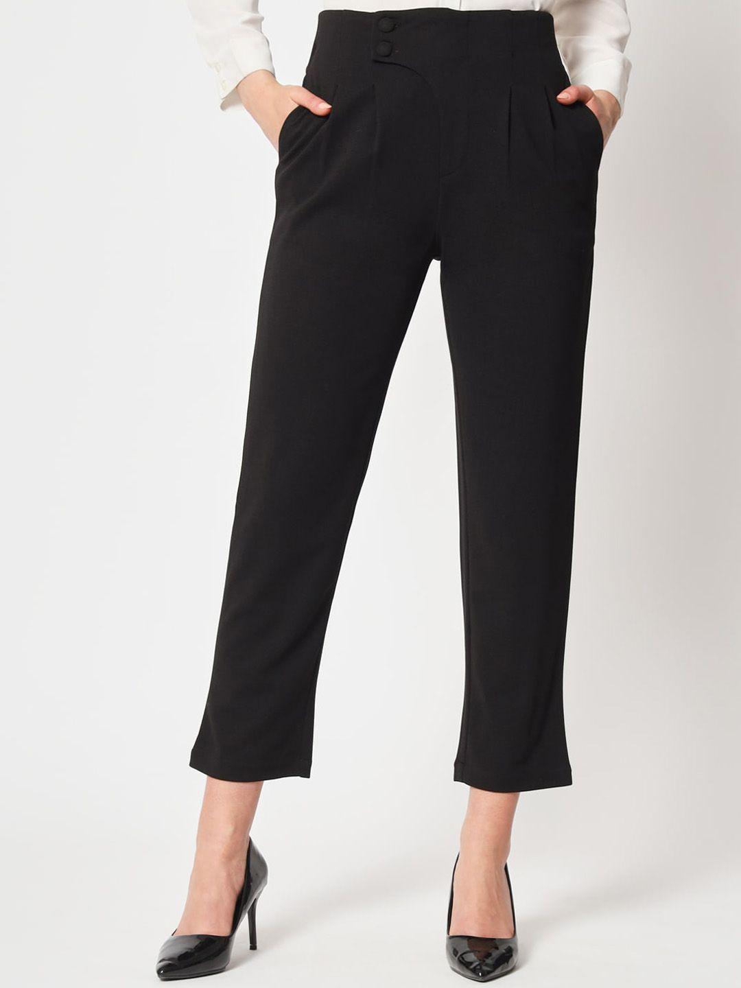 zastraa women black peg leg slim fit high-rise pleated formal trousers