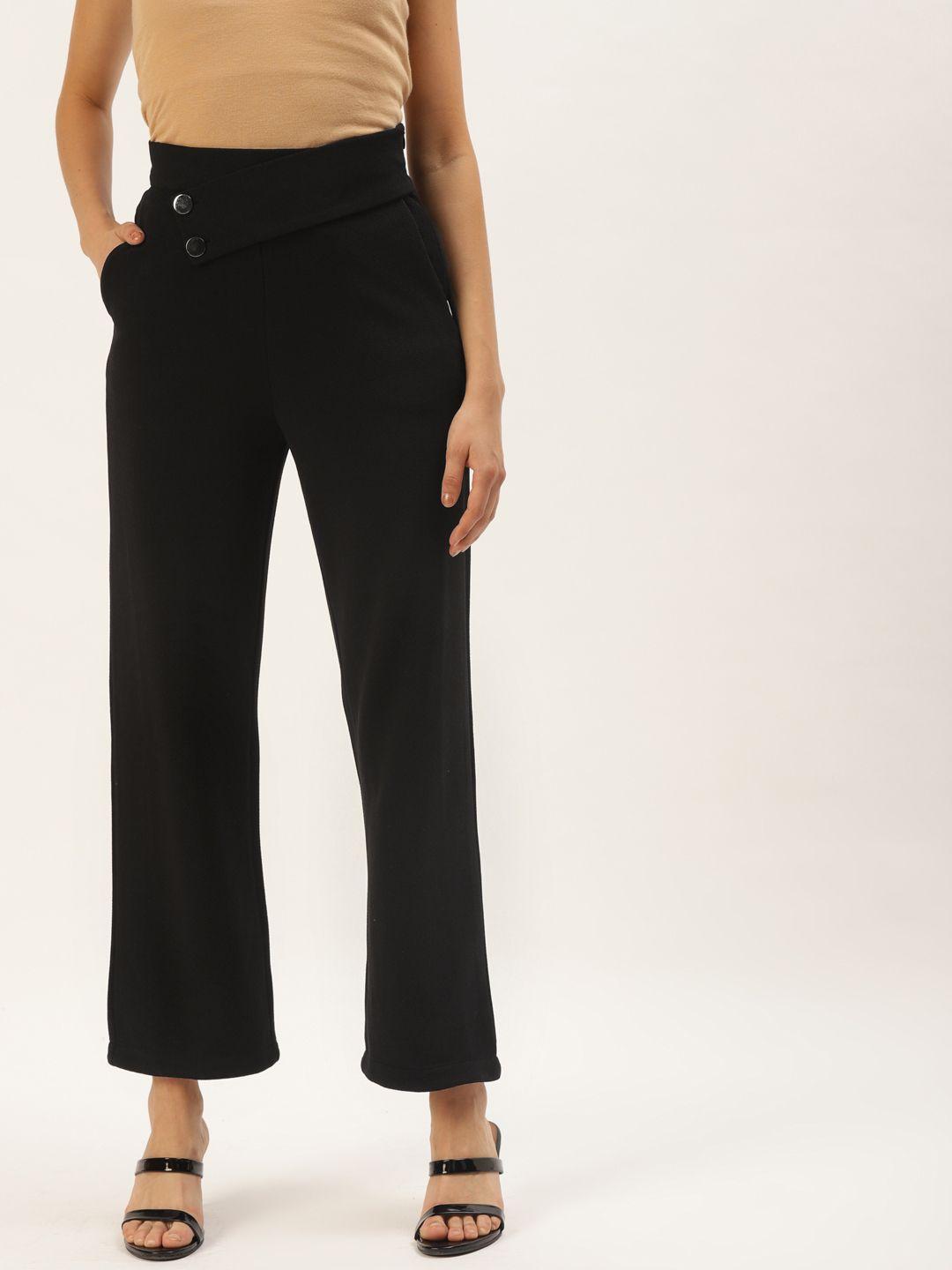 zastraa women black solid high-rise parallel trousers