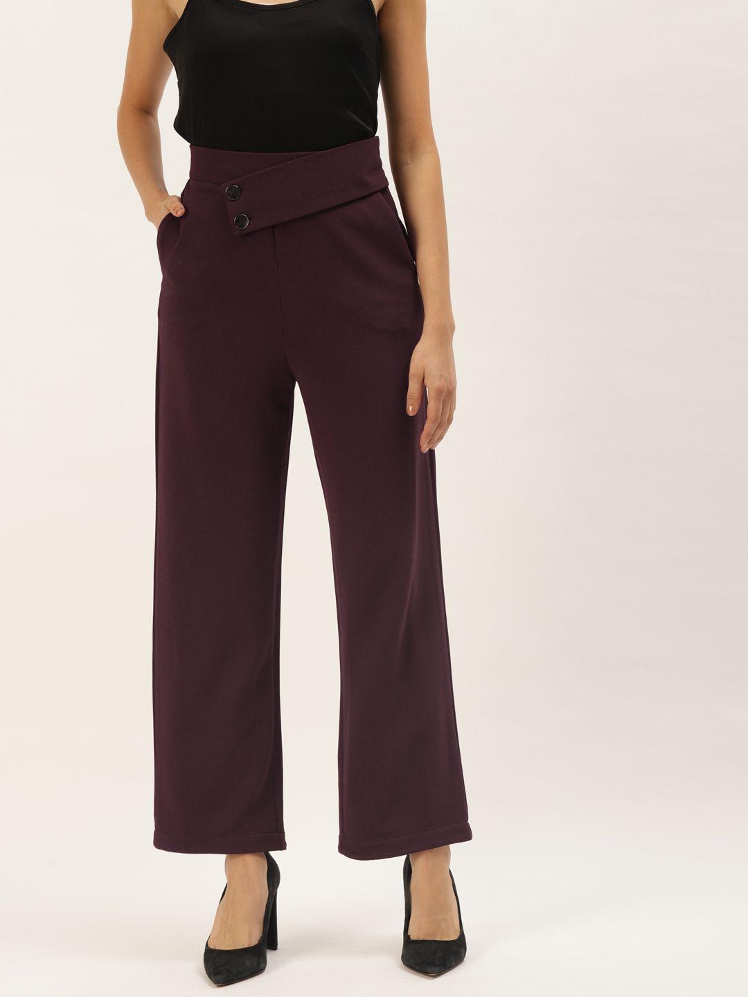 zastraa women burgundy solid high-rise parallel trousers