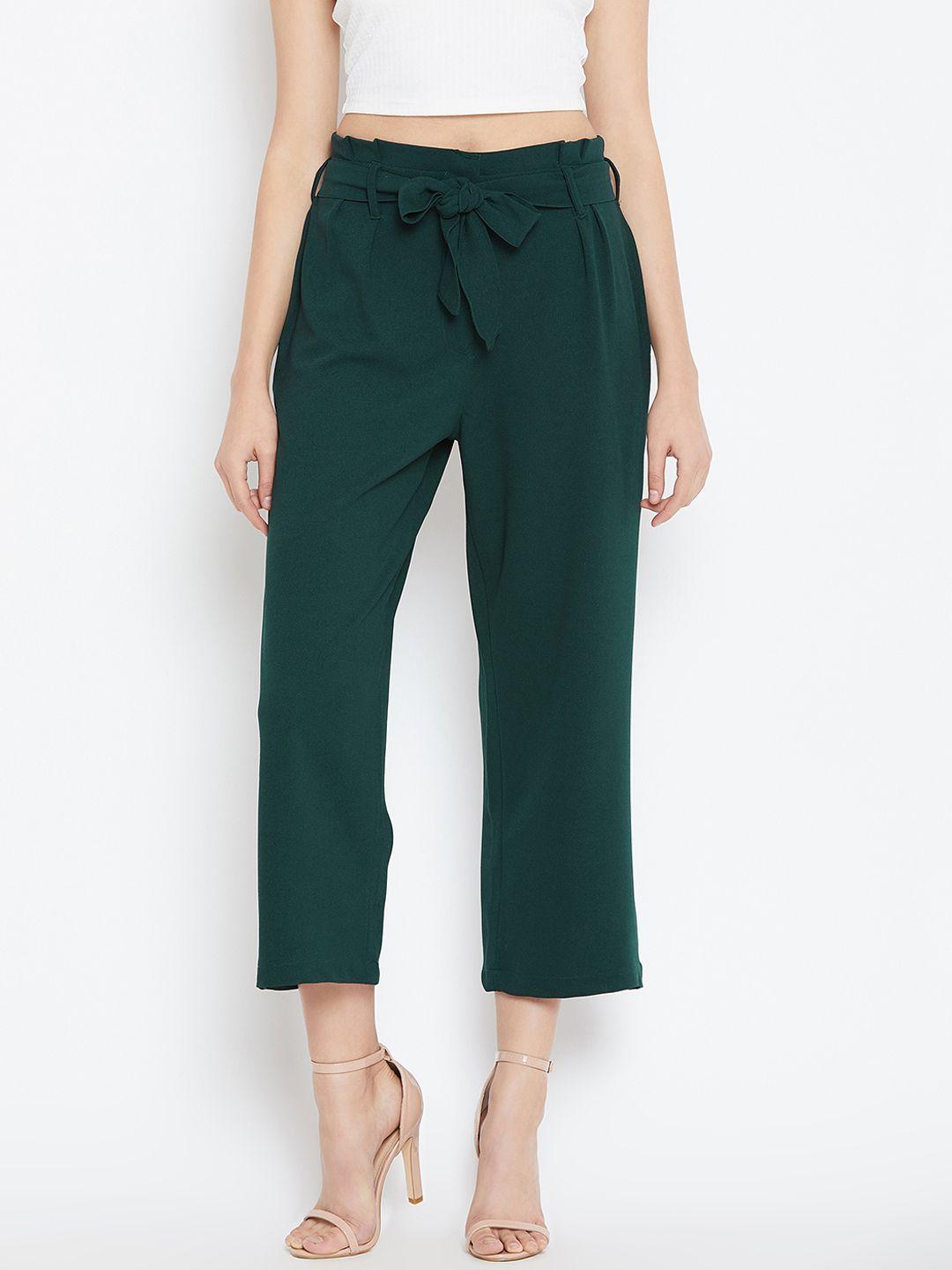 zastraa women green flared solid culottes