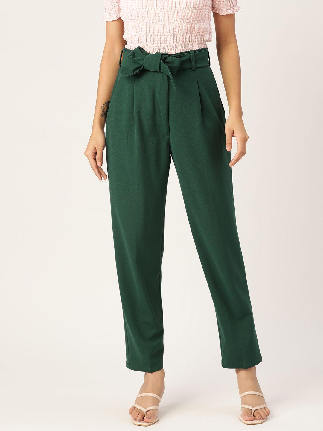 zastraa women green smart tapered fit high-rise pleated trousers