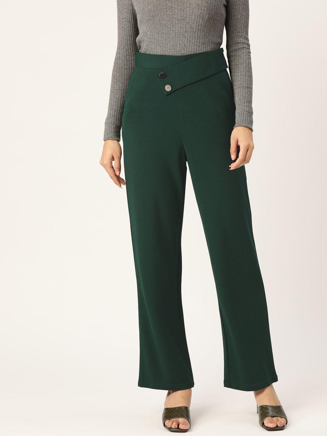 zastraa women green solid smart high-rise trousers