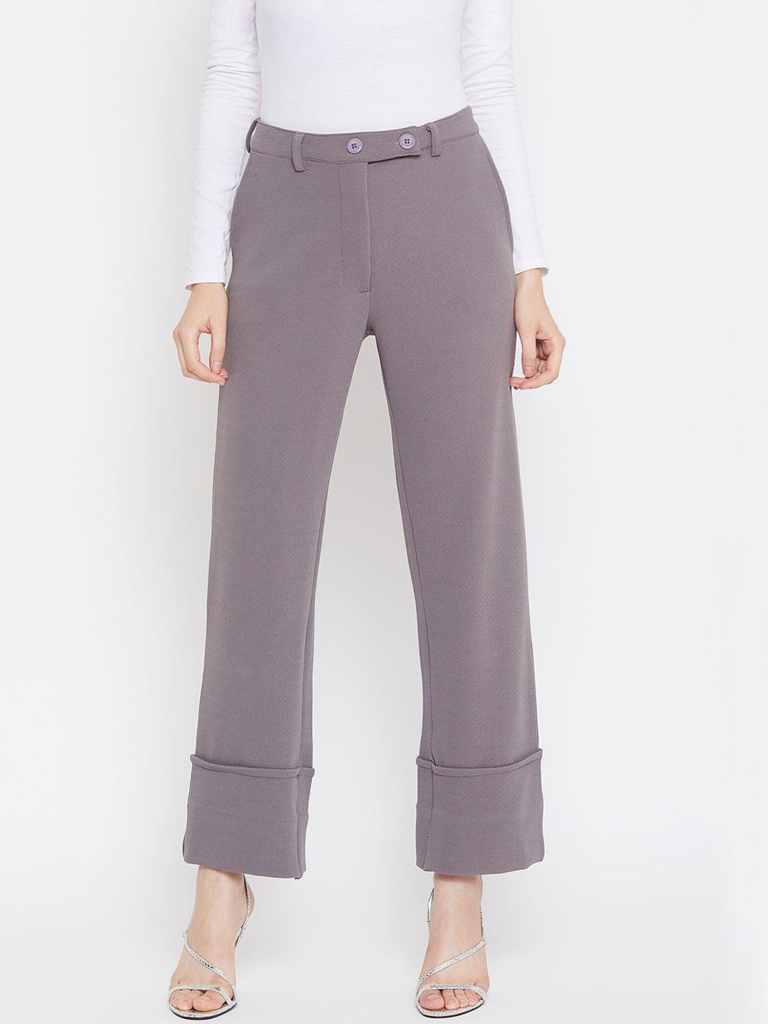 zastraa women grey regular fit solid parallel trousers