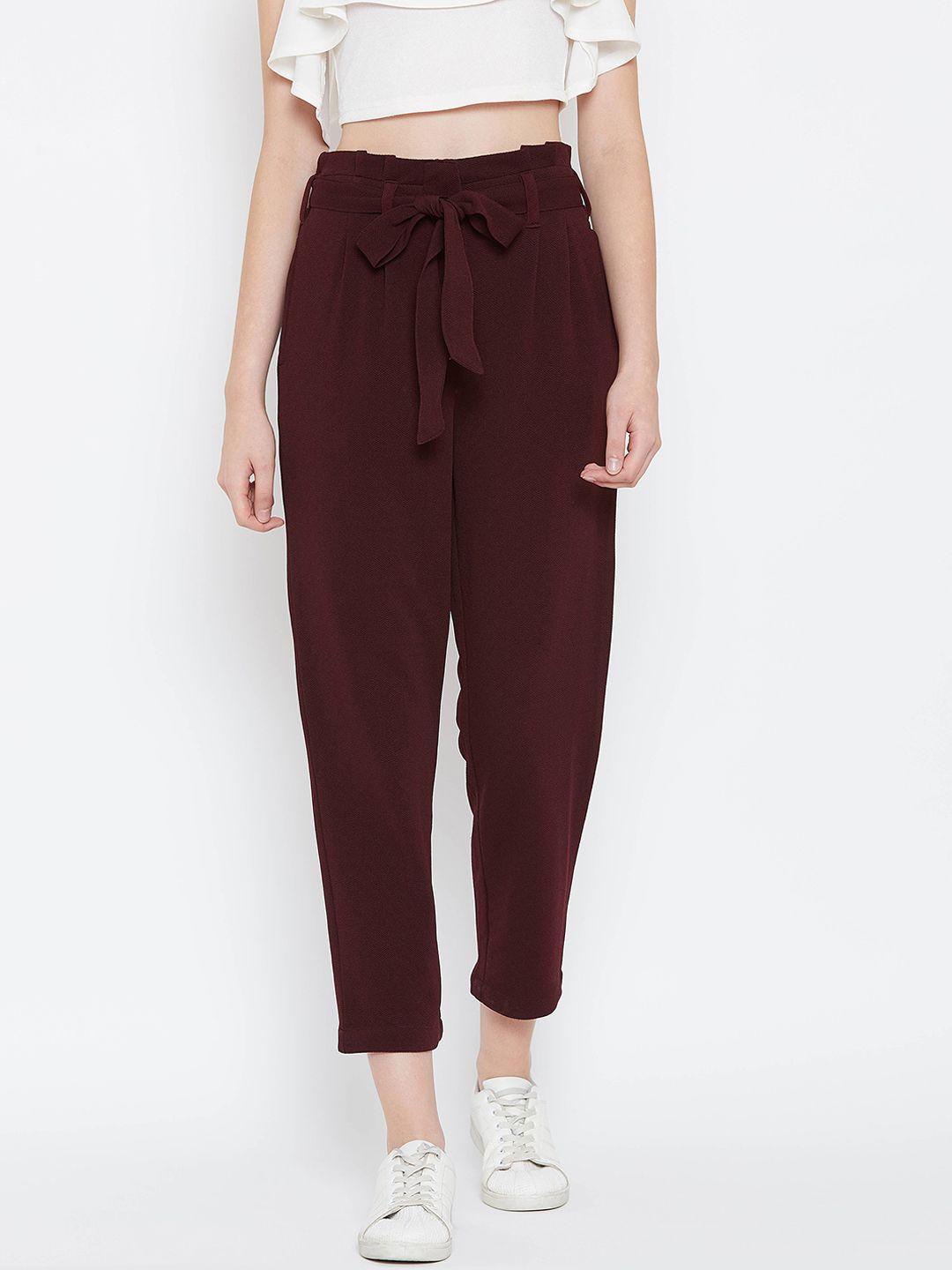 zastraa women maroon slim fit solid peg trousers