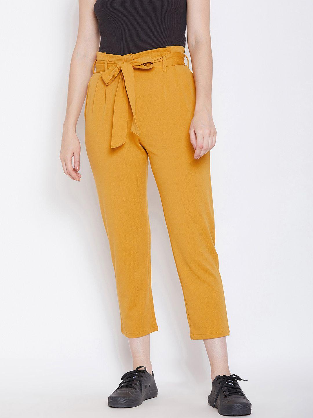 zastraa women mustard yellow slim fit solid peg trousers