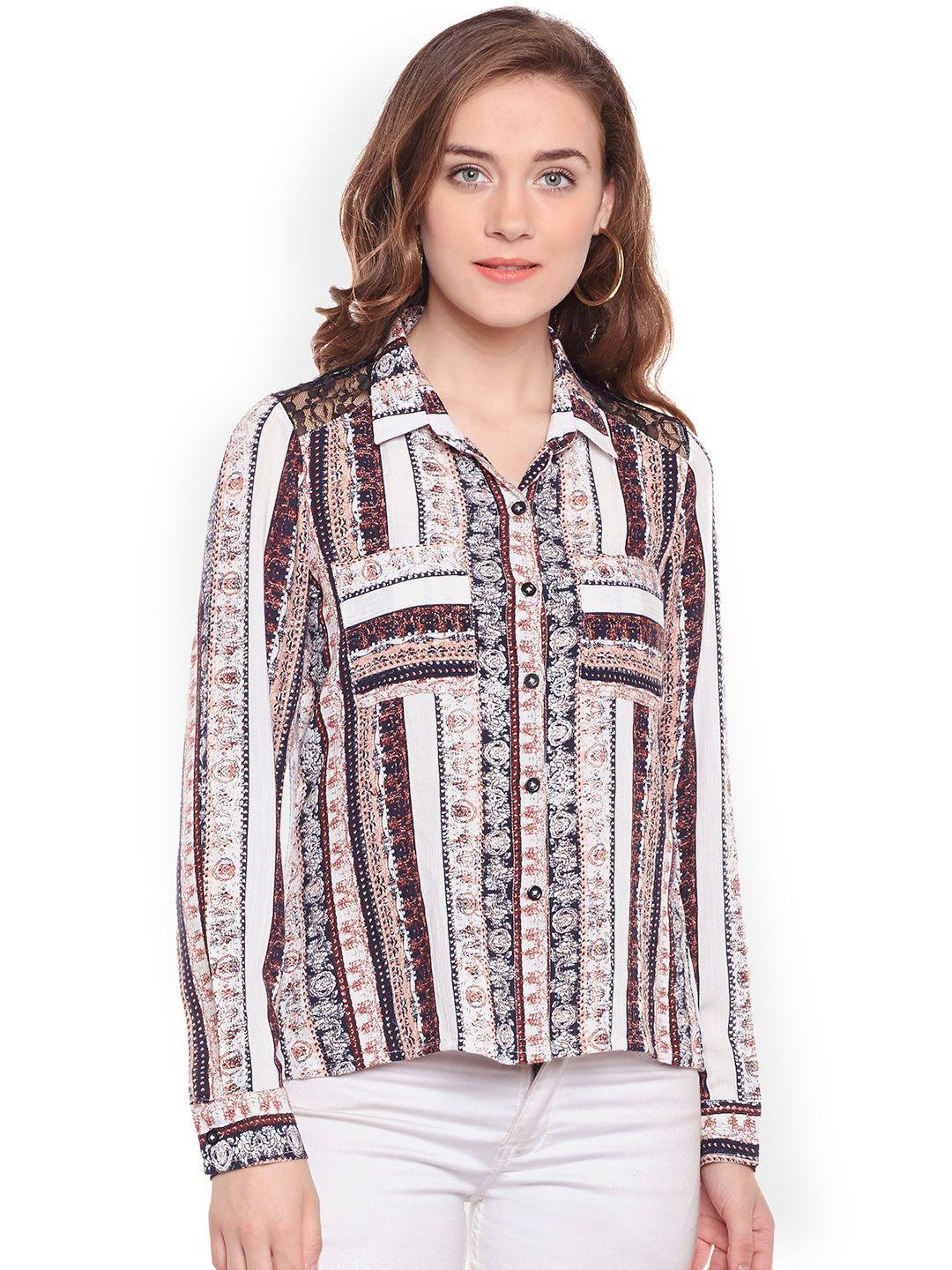 zastraa women off-white & brown regular fit striped casual shirt