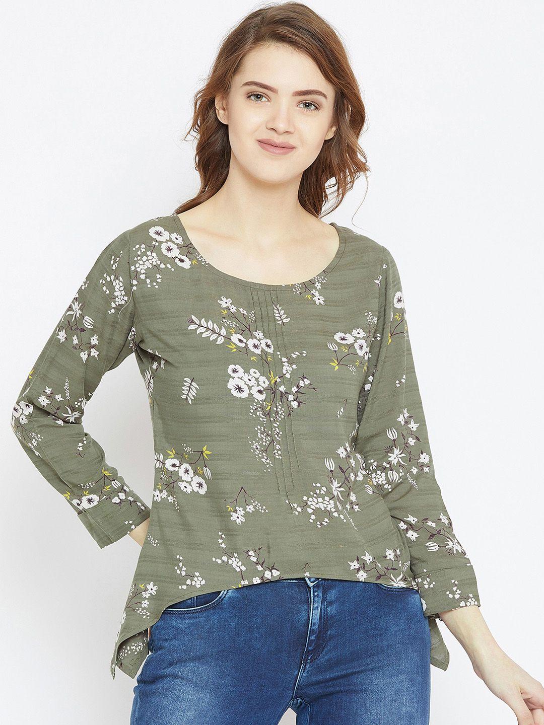 zastraa women olive green printed a-line top