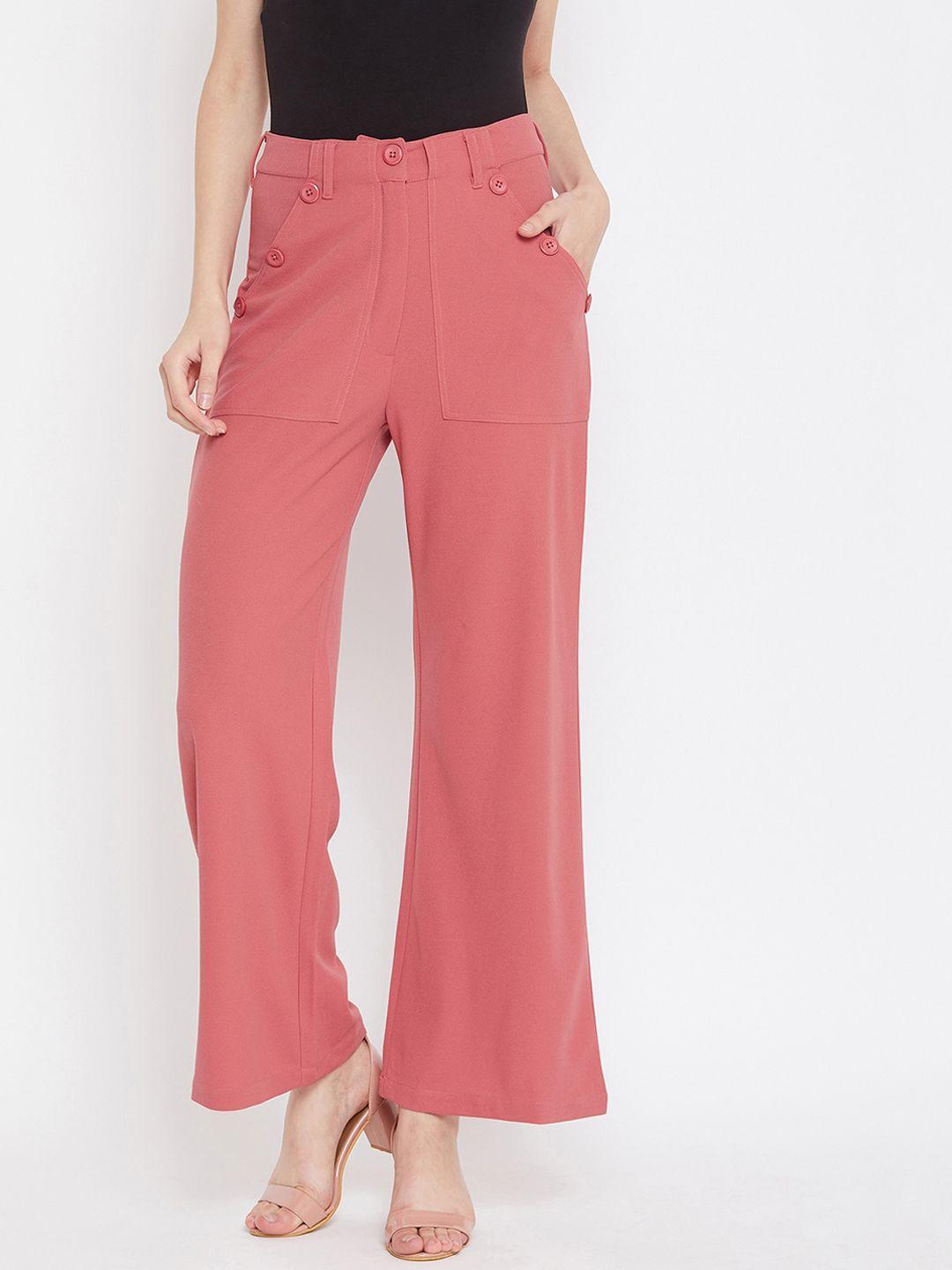 zastraa women peach-coloured regular fit solid bootcut trousers