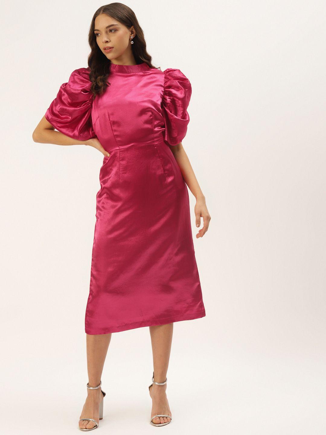 zastraa women pink solid satin sheath dress with puff sleeves