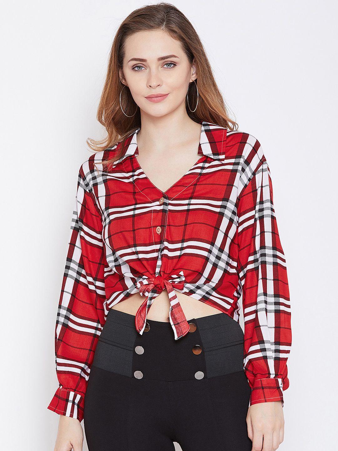 zastraa women red regular fit checked casual shirt
