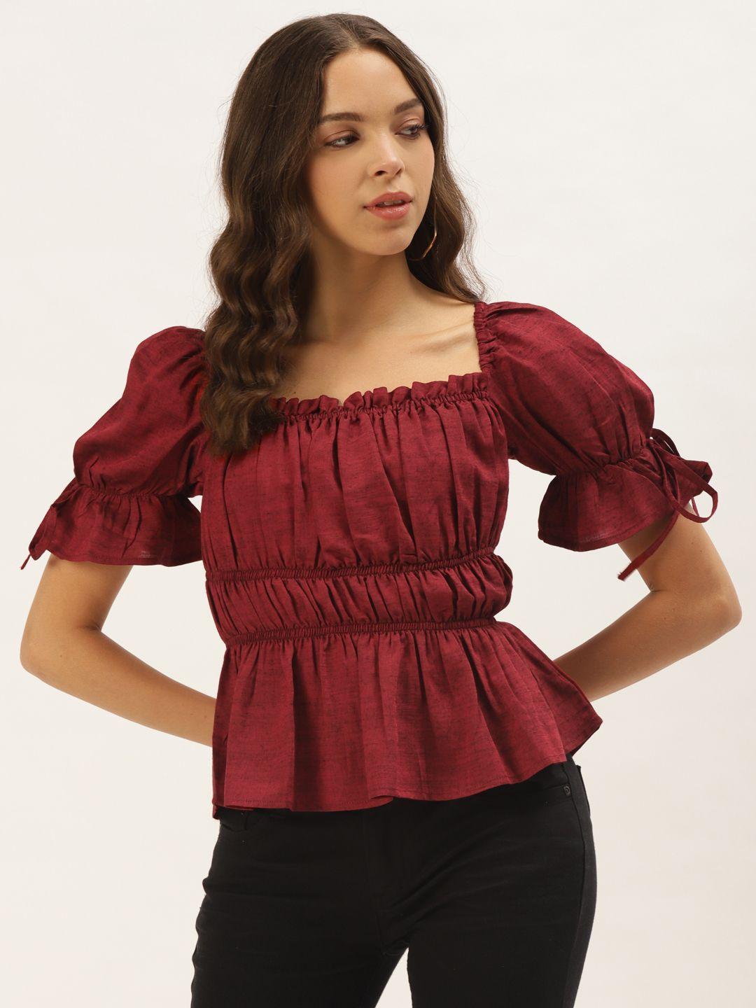 zastraa women red solid square-neck cinched waist top