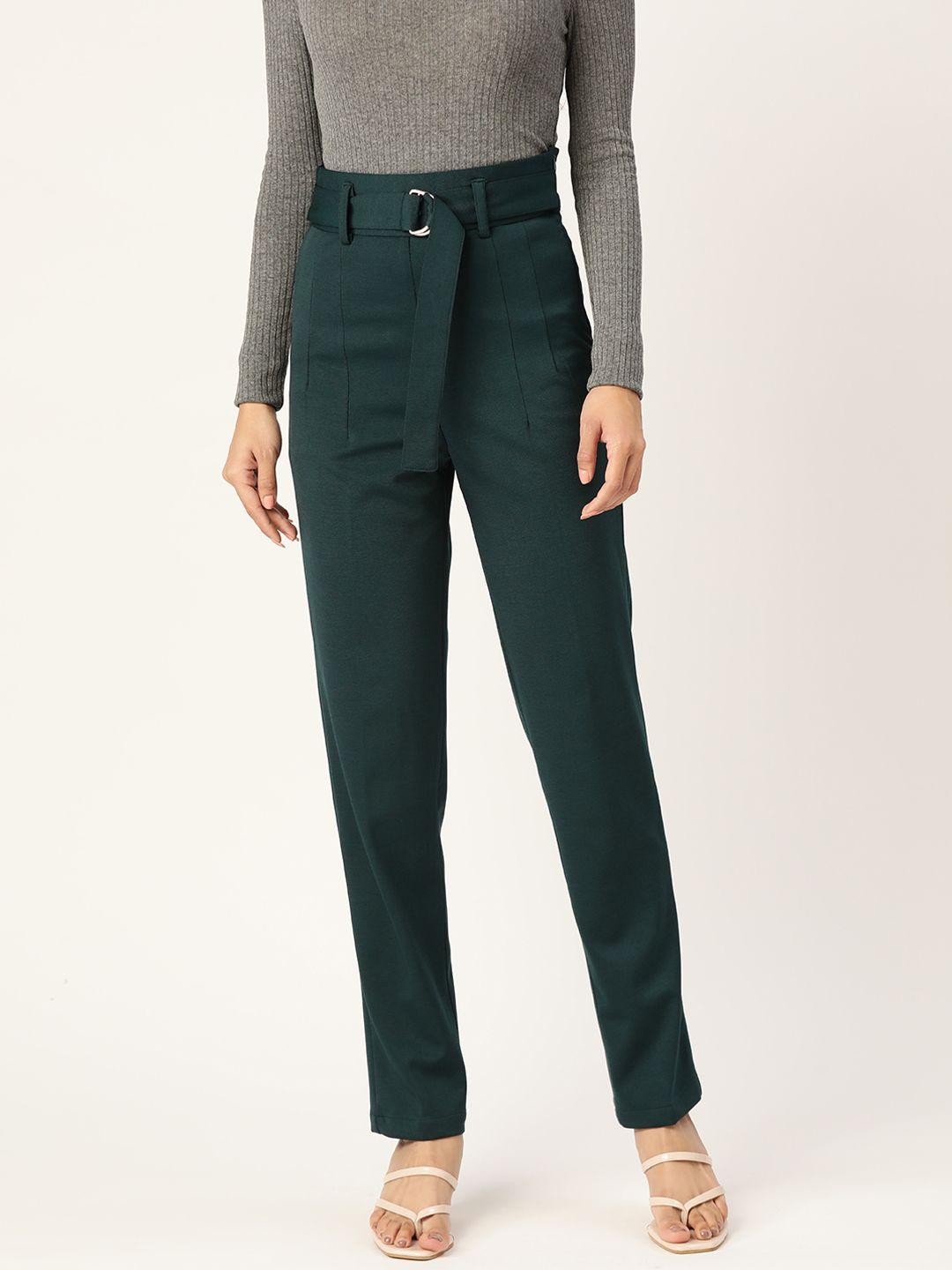 zastraa women teal green solid smart slim fit high-rise trousers