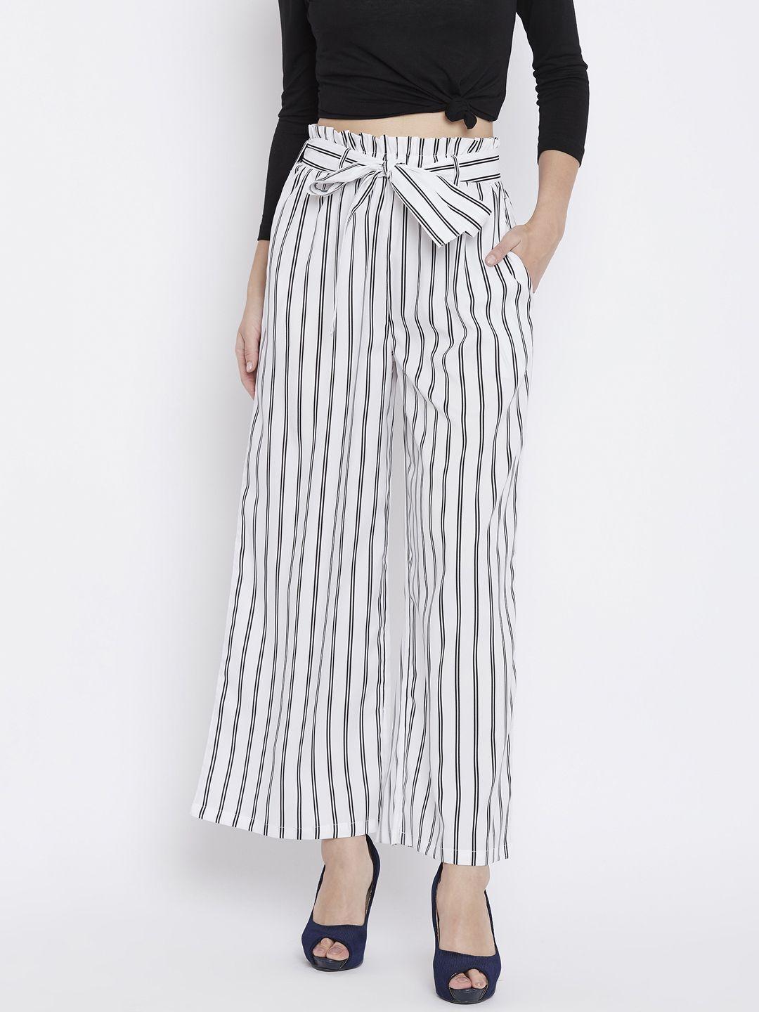 zastraa women white & black regular fit striped parallel trousers
