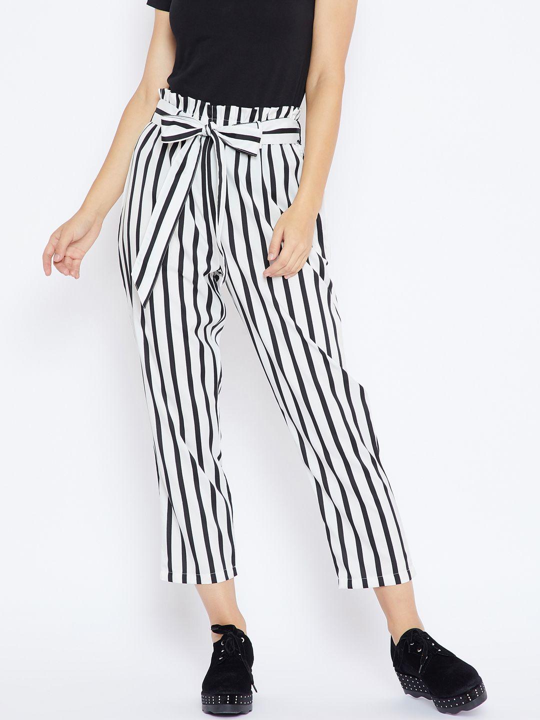 zastraa women white & black regular fit striped peg trousers