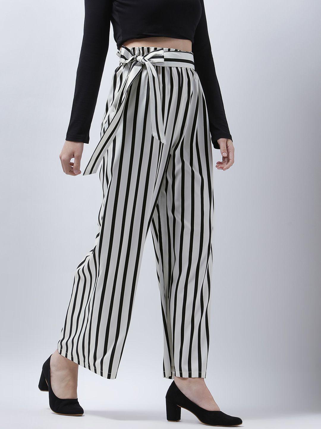 zastraa women white & black smart flared striped culottes