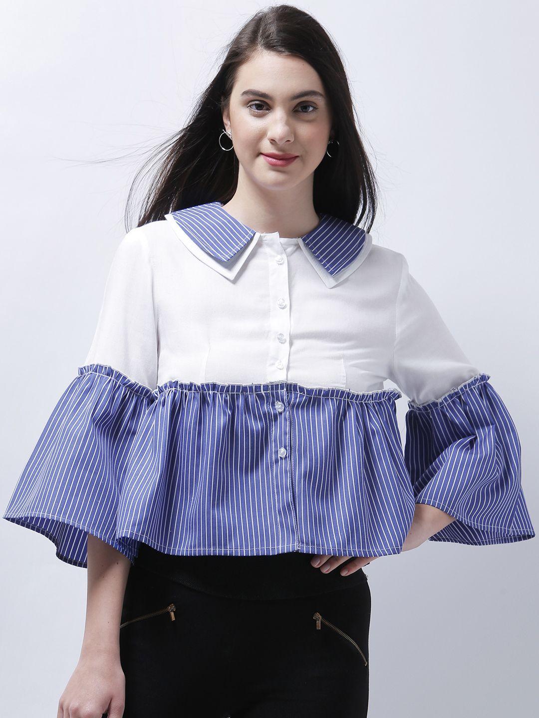 zastraa women white & blue regular fit striped casual shirt