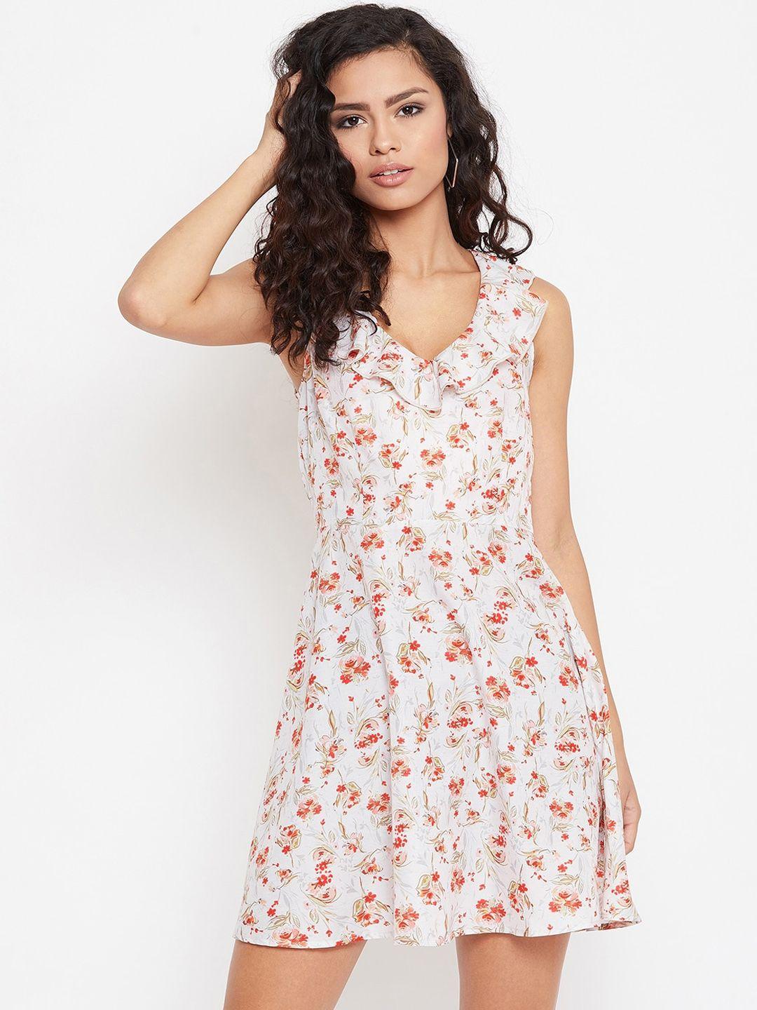 zastraa women white printed fit and flare dress