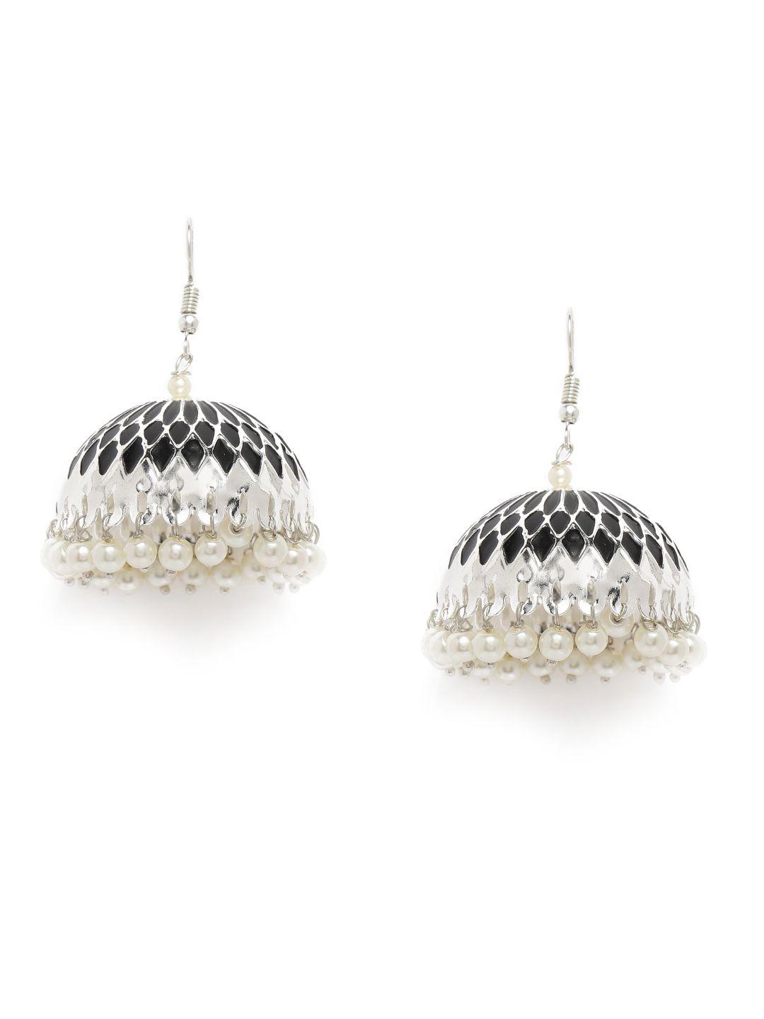 zaveri pearls black silver-plated enamelled dome shaped jhumkas