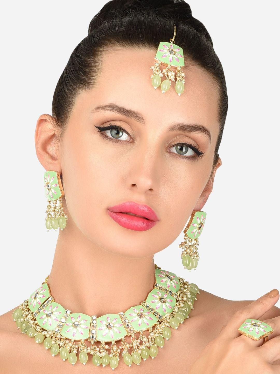 zaveri pearls gold plated & green kundan studded jwellery set