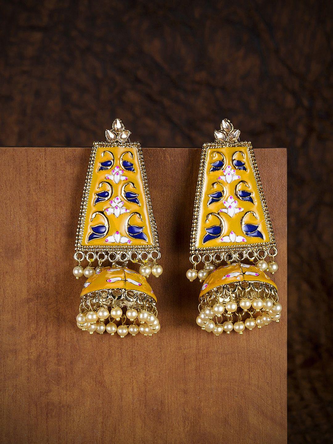 zaveri pearls gold-plated & yellow enamelled classic jhumkas