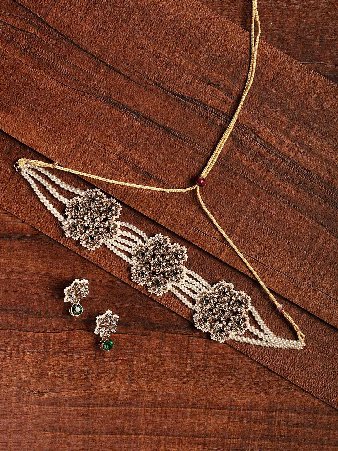 zaveri pearls gold-plated ethnic kundan & pearls studded layered jewellery set