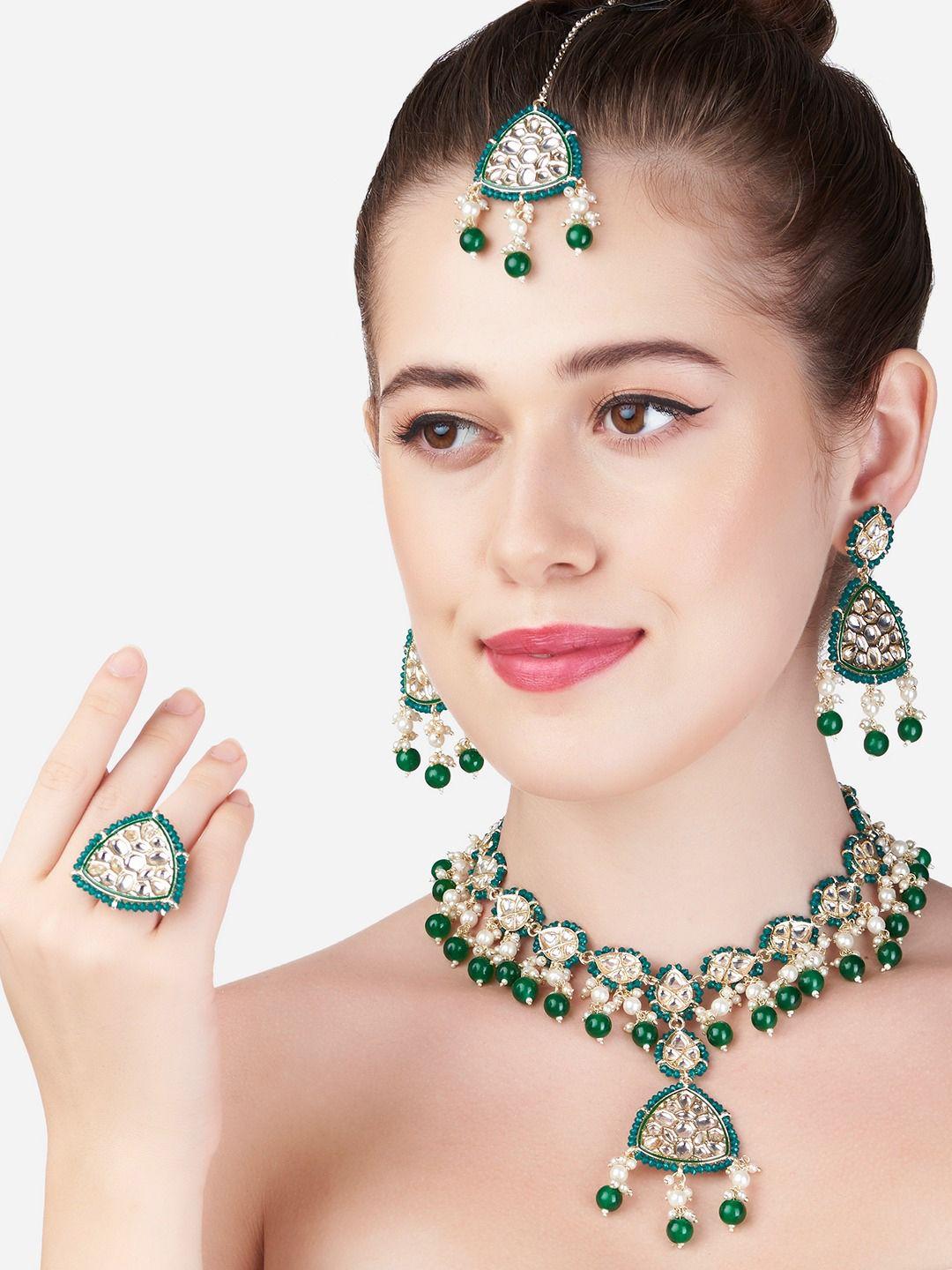 zaveri pearls gold-plated green kundan studded & beaded jewellery set