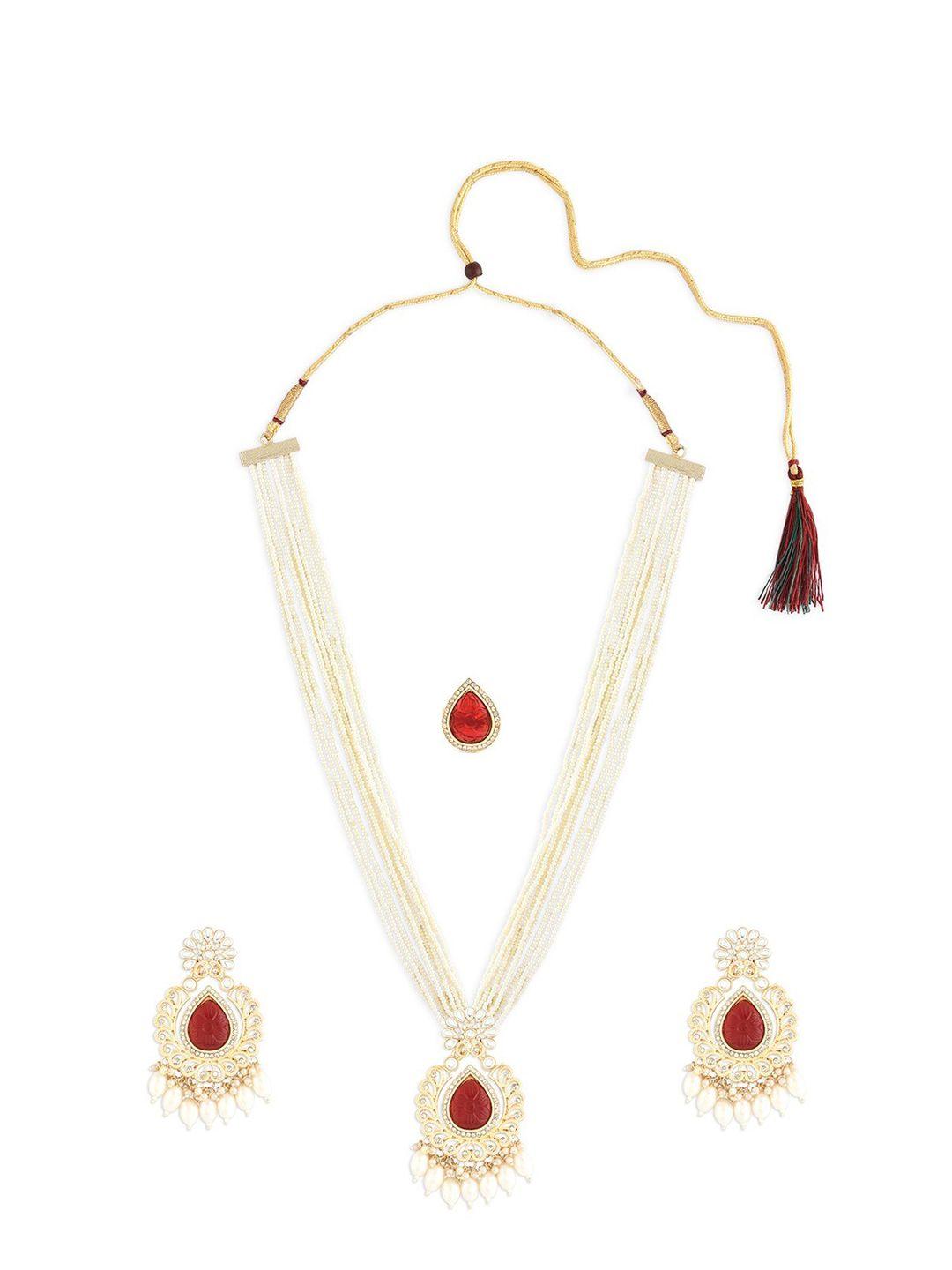 zaveri pearls gold-plated kundan studded & beaded necklace & earrings with ring