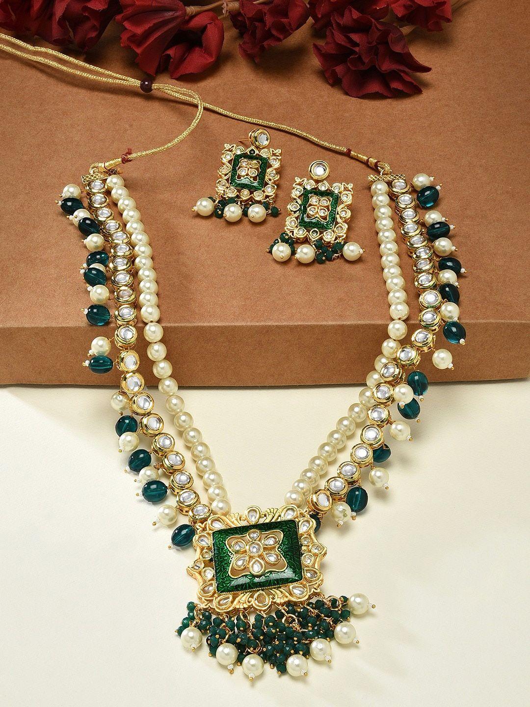zaveri pearls gold-plated kundan-studded & pearl beaded jewellery set