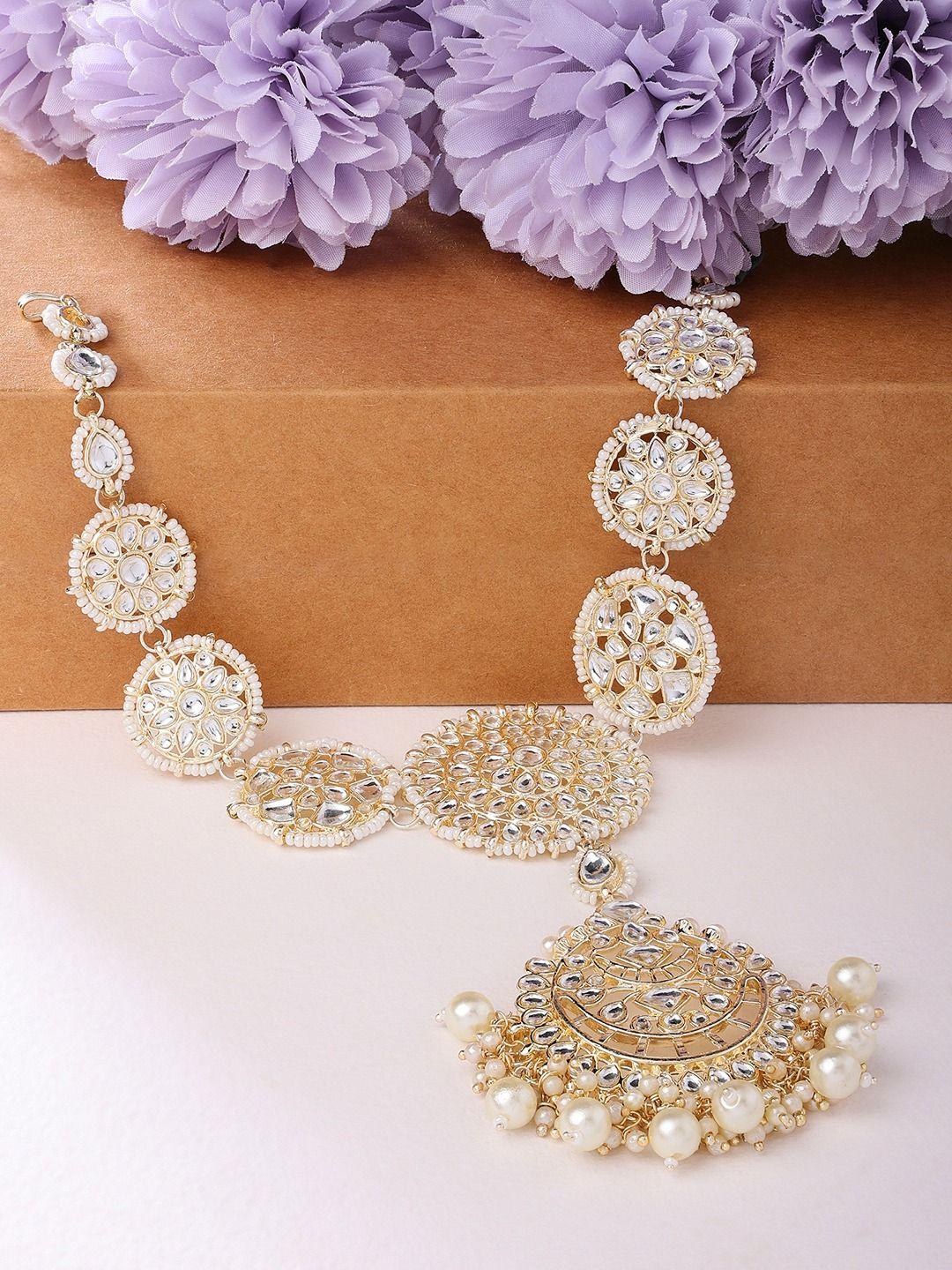 zaveri pearls gold-plated kundan-studded & pearl beaded mathapatti