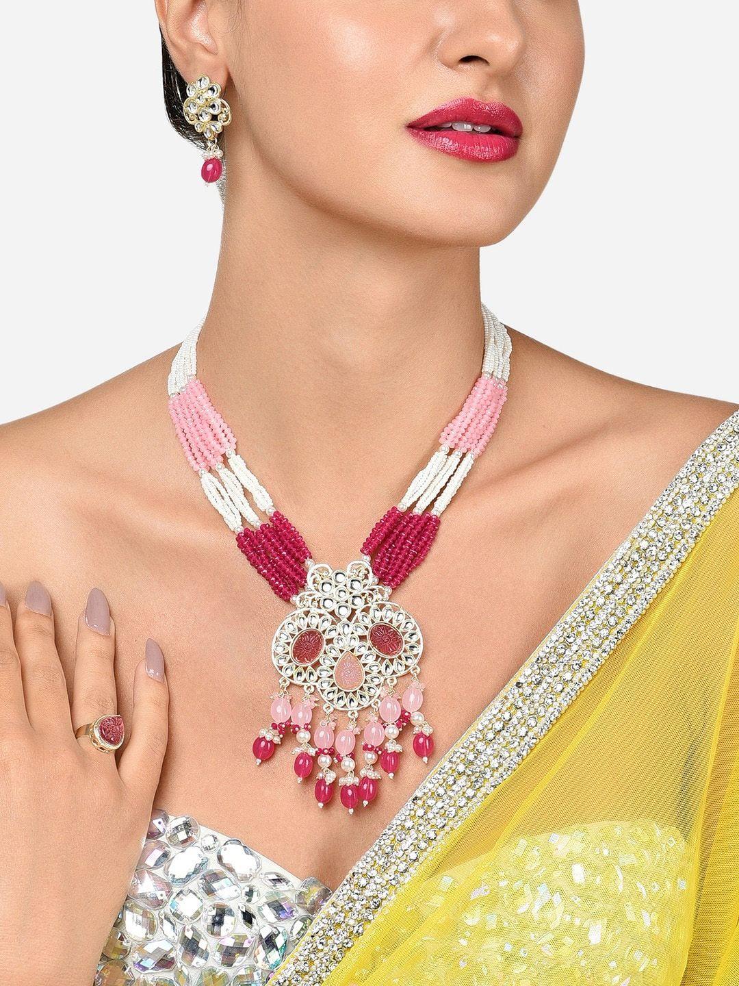zaveri pearls gold-plated kundan-studded and beaded necklace & earrings with ring set