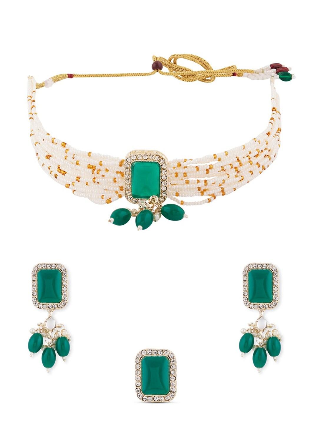 zaveri pearls gold-plated stone-studded & artificial beaded necklace earrings & ring