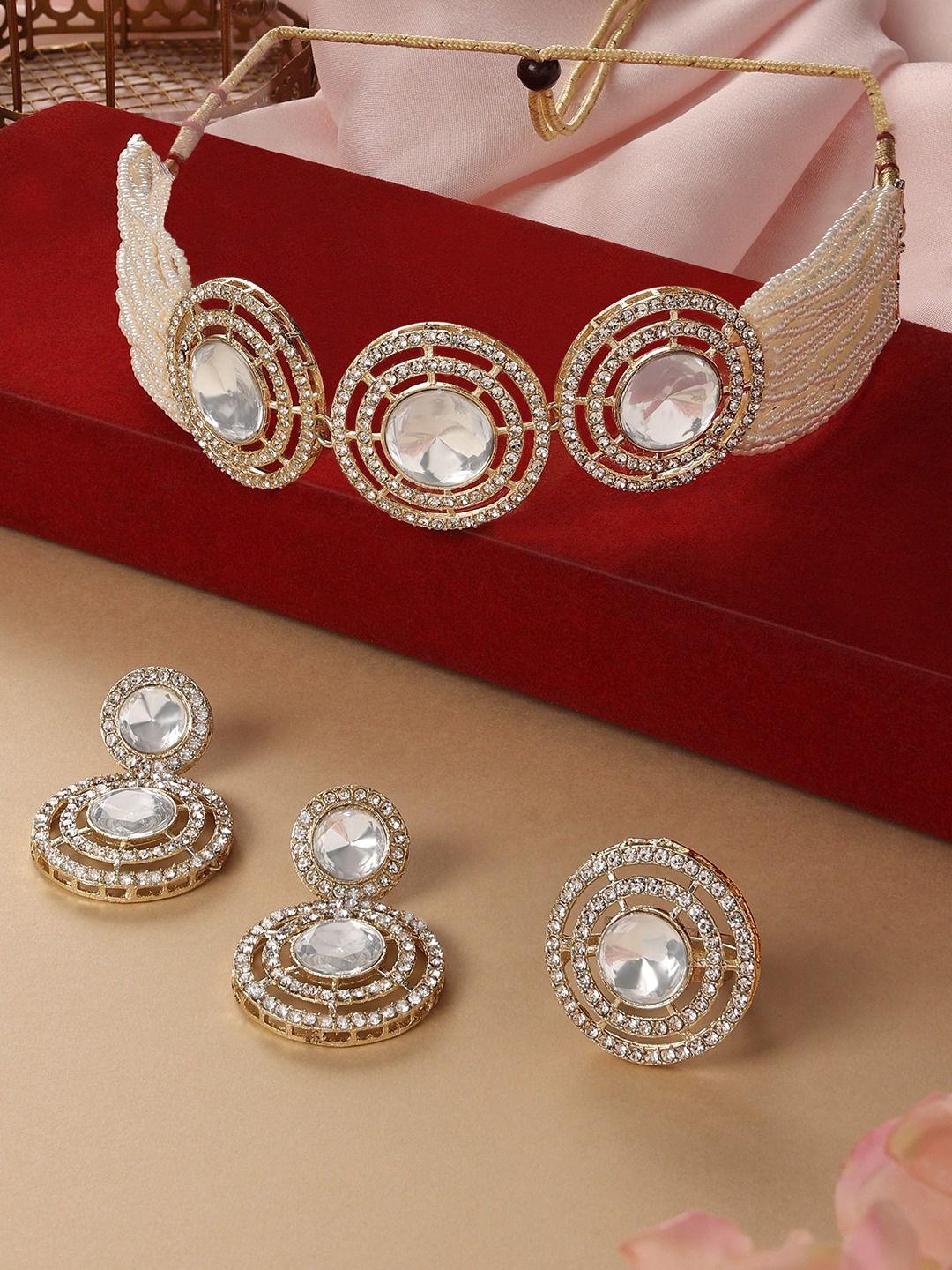 zaveri pearls gold-plated stone-studded & beaded choker necklace earrings & ring