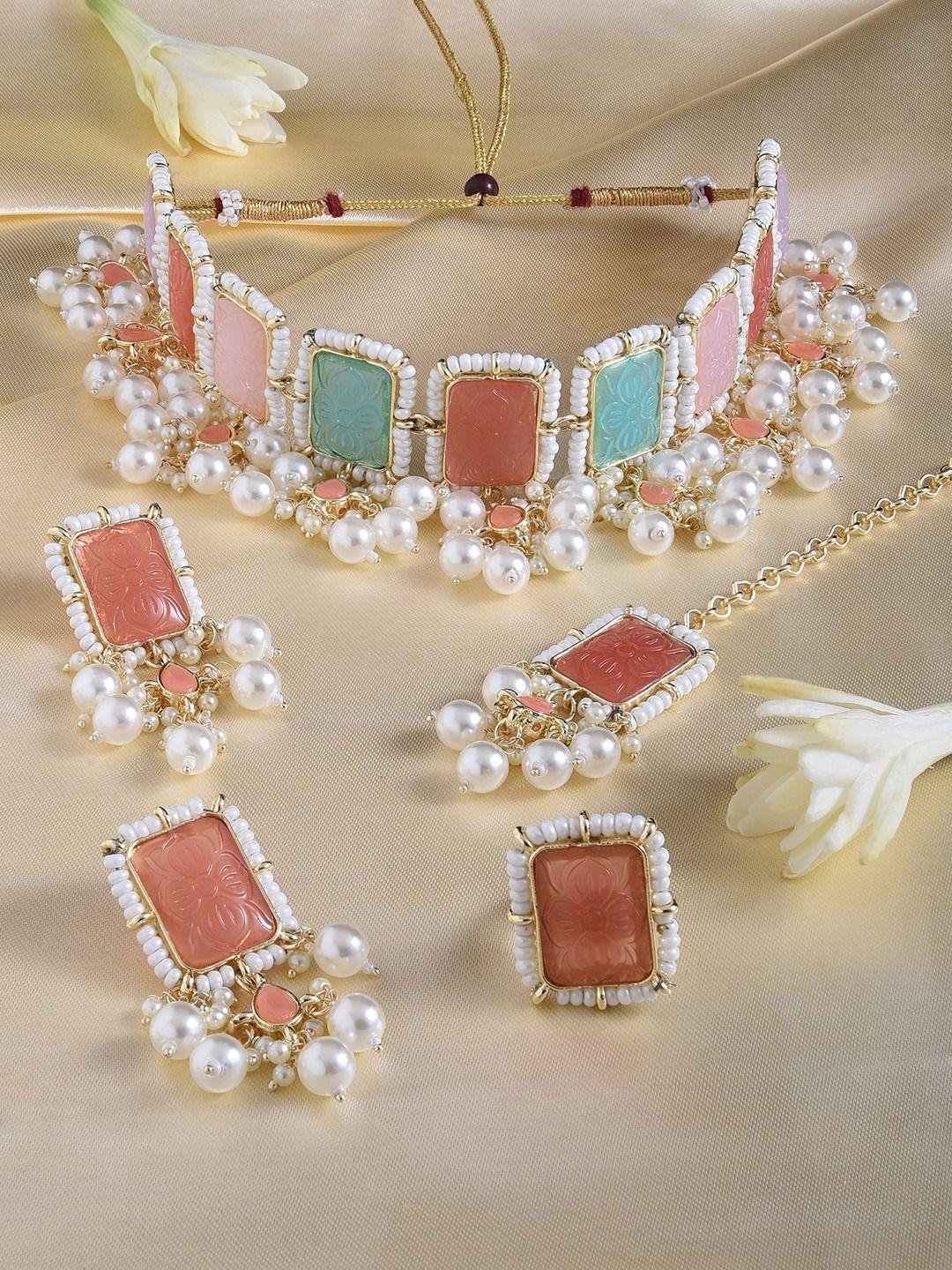 zaveri pearls gold-plated stone-studded & pearl beaded jewellery set