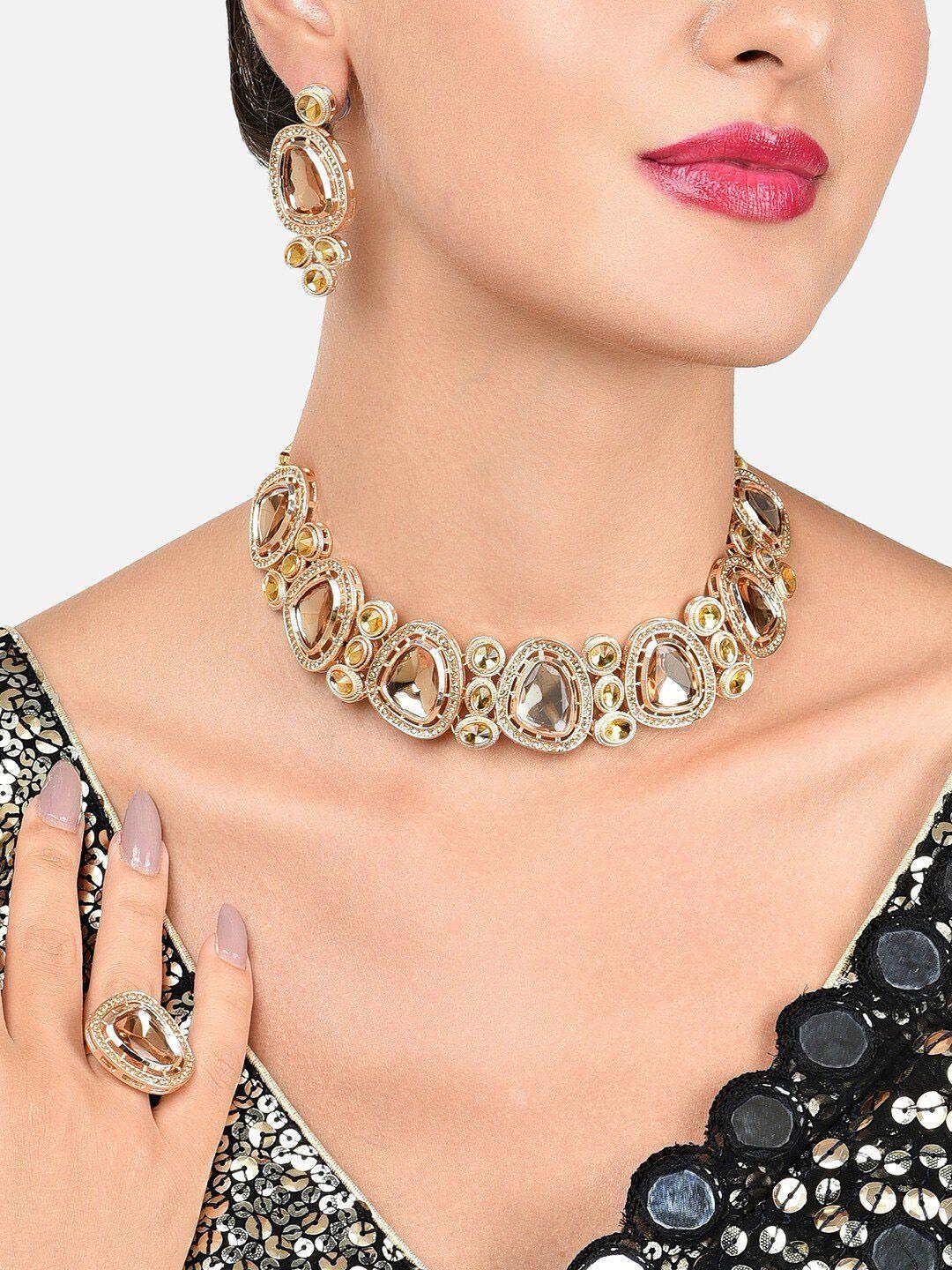 zaveri pearls gold-plated studded choker necklace with earrings & ring