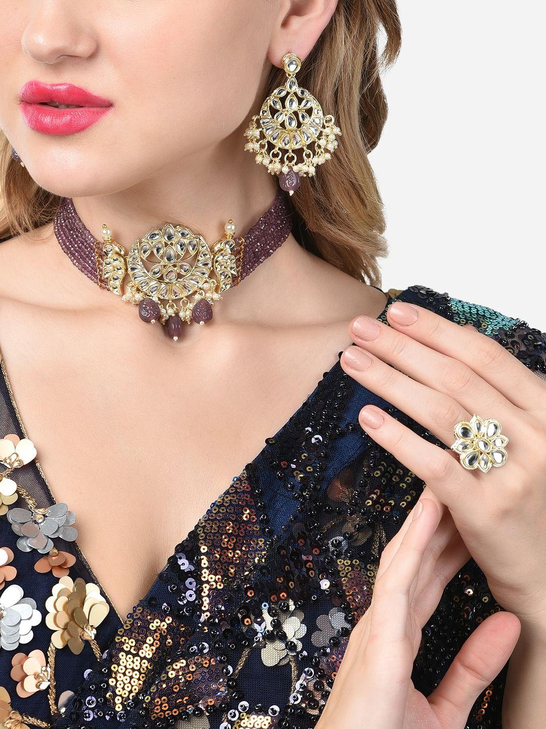 zaveri pearls gold-plated white & purple kundan-studded & pearl beaded jewellery set