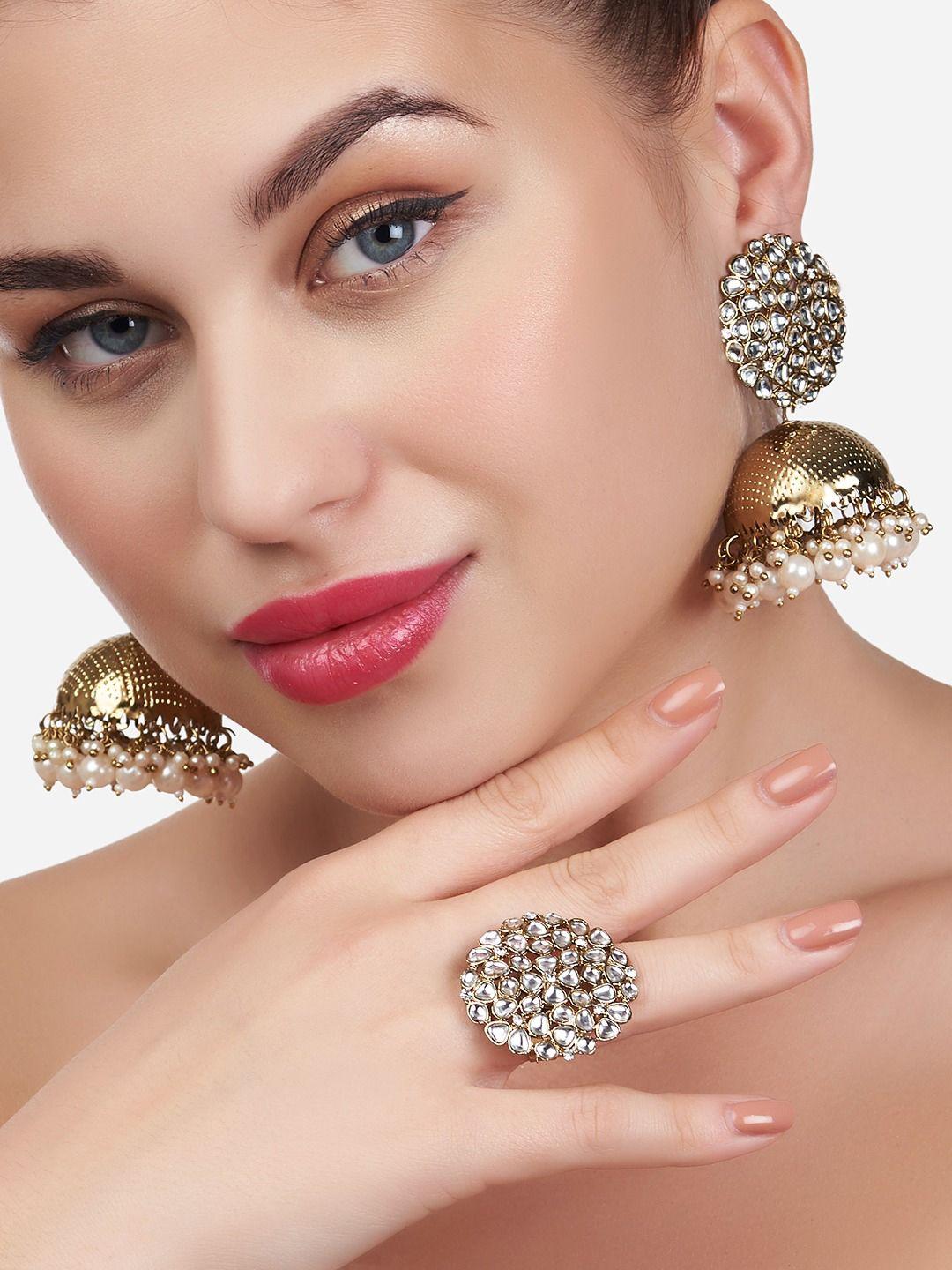 zaveri pearls gold-plated white kundan studded & beaded antique jewellery set