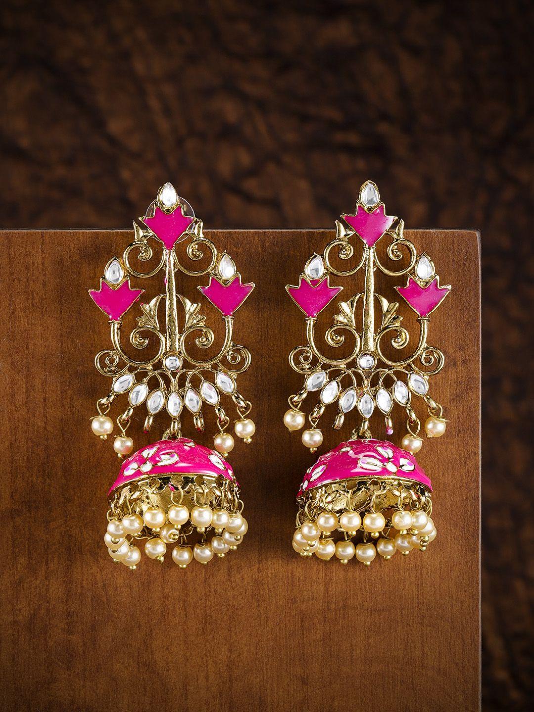 zaveri pearls gold-toned & magenta enamelled dome shaped jhumkas
