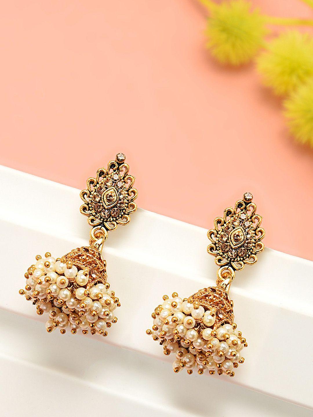 zaveri pearls gold-toned & white dome shaped jhumkas
