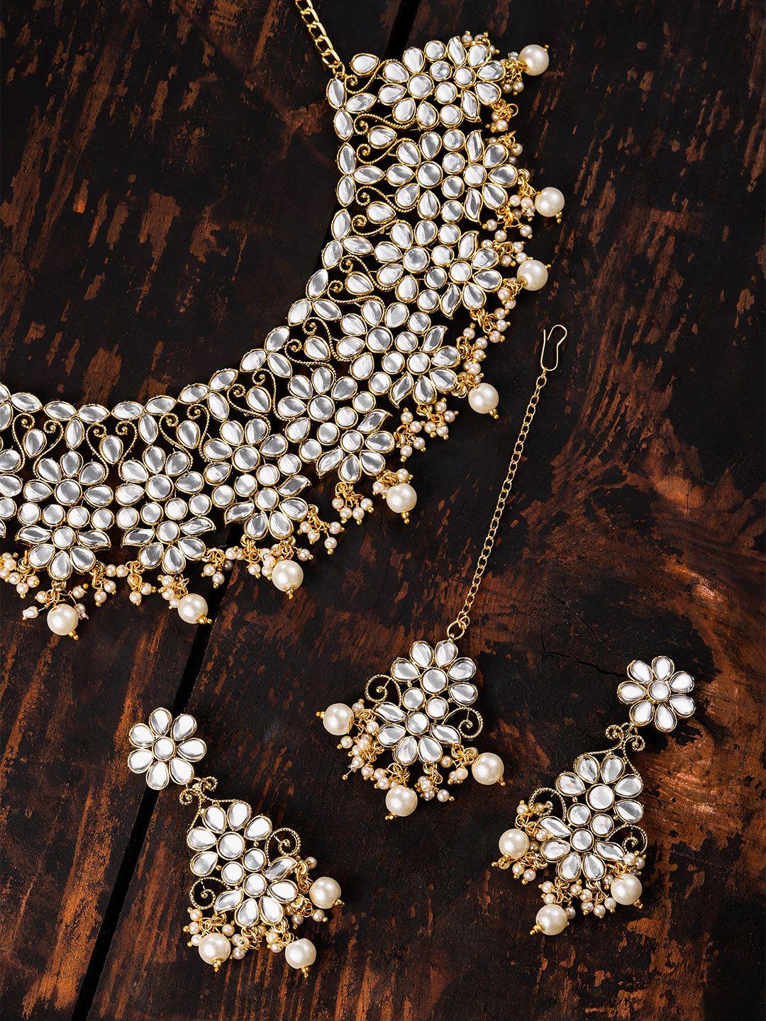 zaveri pearls gold-toned traditional kundan & pearls studded jewellery set