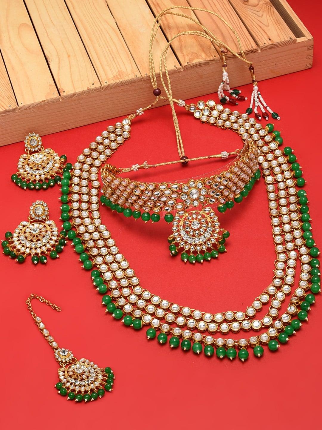 zaveri pearls green gold-plated bridal kundan choker 2 necklaces jewellery set