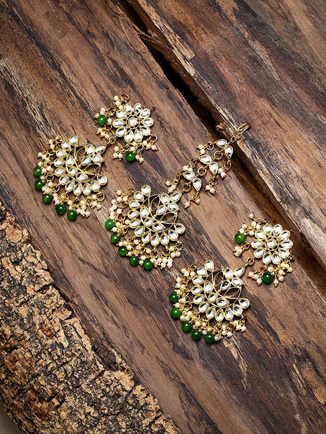 zaveri pearls green gold-plated kundan & beads studded jewellery set