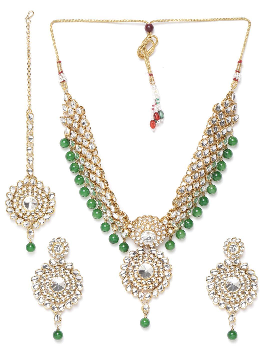 zaveri pearls green gold-plated kundan-studded beaded jewellery set