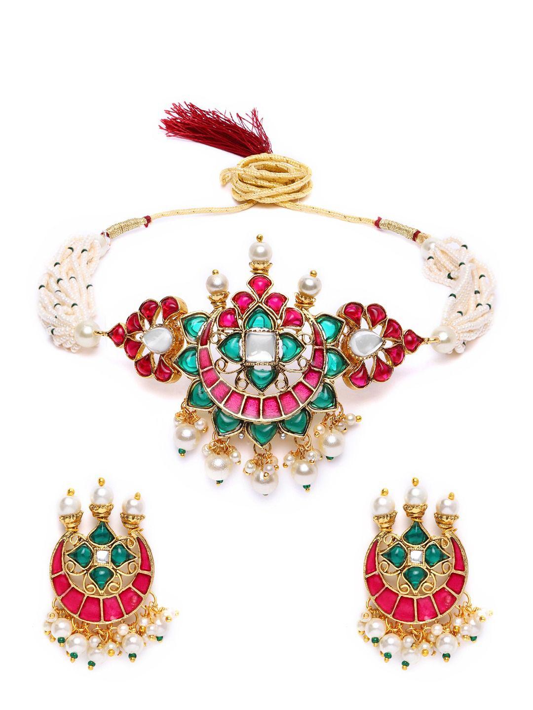 zaveri pearls magenta & green gold-plated meenakari jewellery set