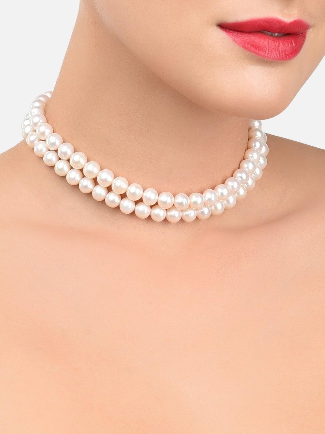 zaveri pearls off-white & gold-plated brass freshwater pearls layered choker necklace